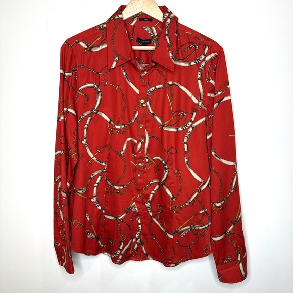 Talbots Equestrian Button Up Shirt 16 Red Horse Bit Bridle Stretch Gold Chain - Picture 1 of 5